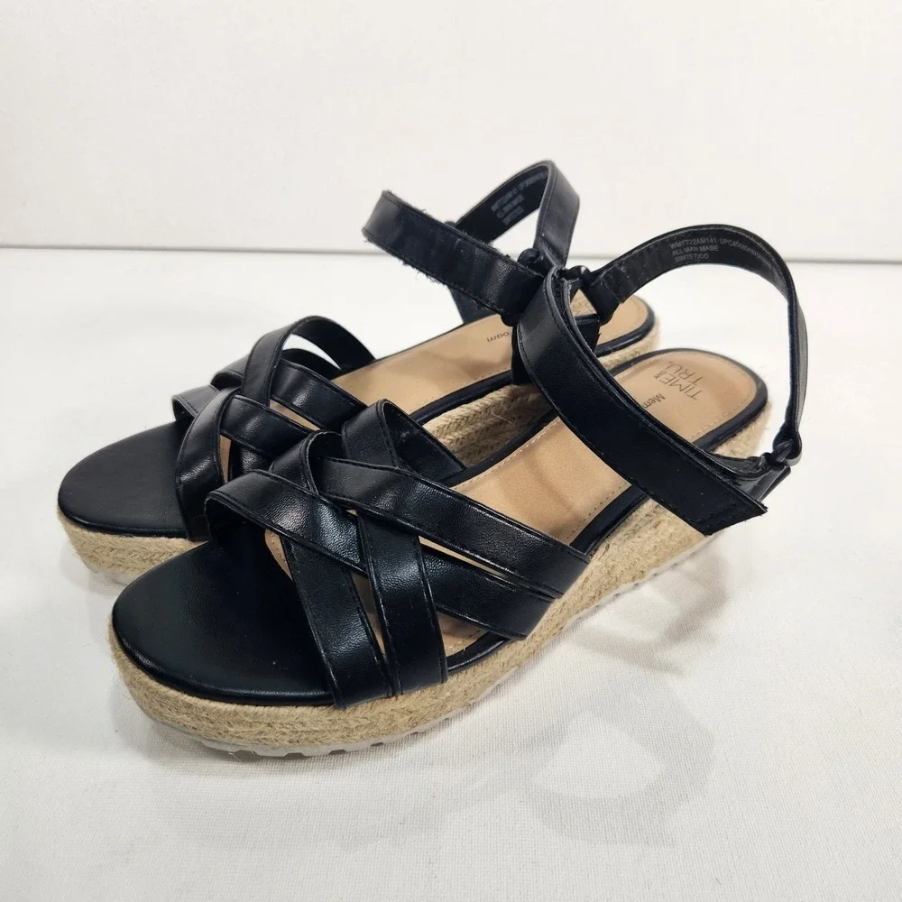 Time And Tru Womens Size 8 Black Wedge Platform Shoes / Woven Heel, Memory Foam